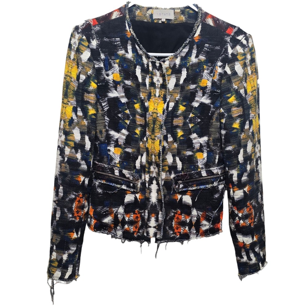 1. STATE Multicolor Abstract Print Frayed Edge Jacket - Size‎ M